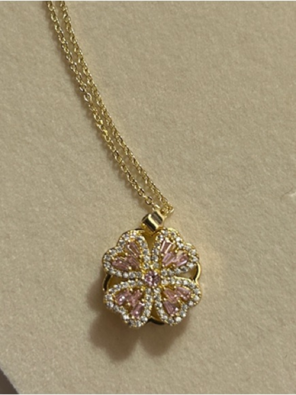 Clover Spinning Pendant Necklace with Light Pink Baguette CZ Stones  NEW